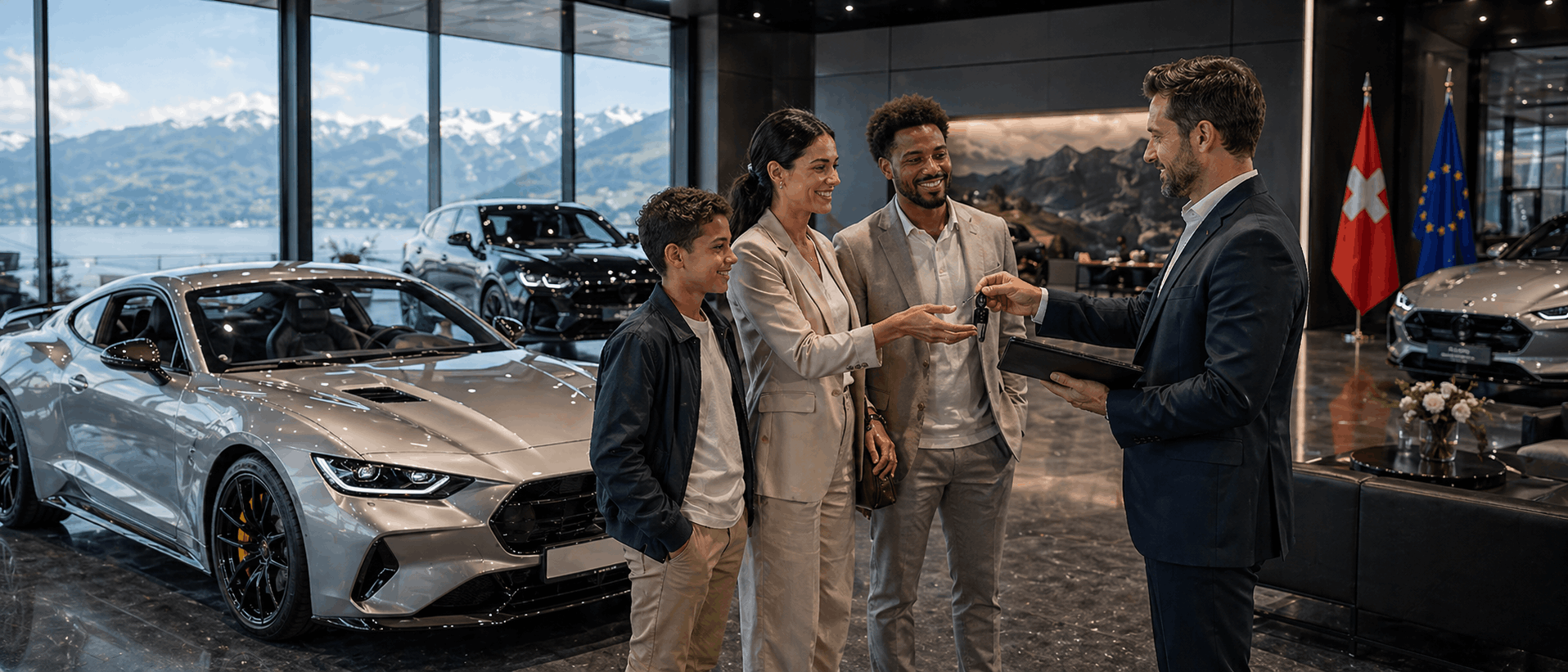 Kunden und Sportwagen in einem Premium-Autohaus